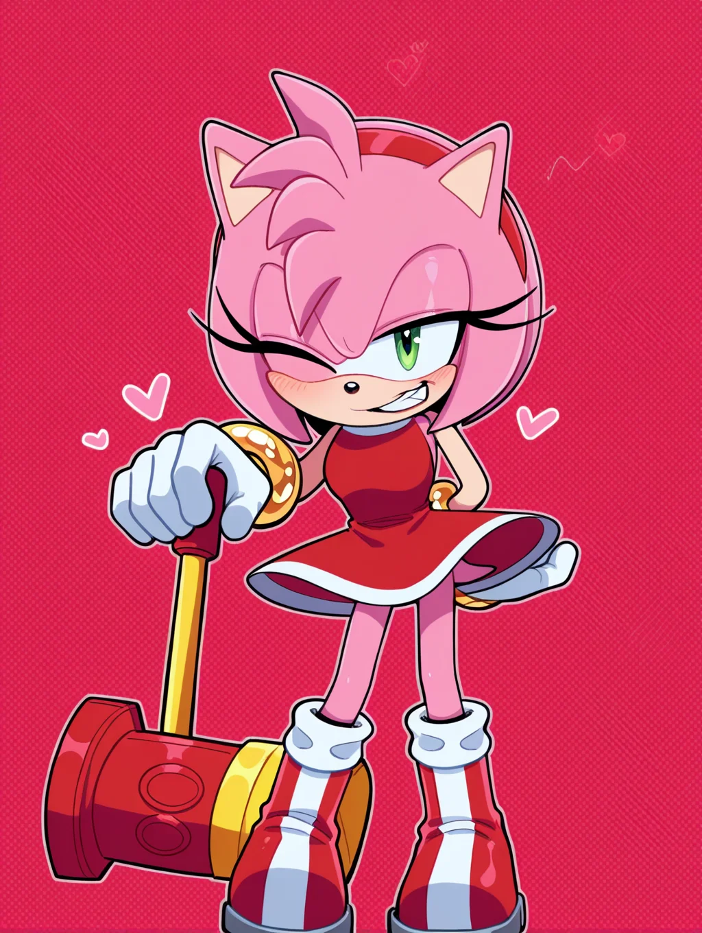 <lora:On-model_Sonic_Characters:1> Amy rose, one eye closed, toy hammer, piko piko hammer, holding, naughty face,, masterpiece, best quality, amazing quality, very aesthetic, absurdres, new, newest,