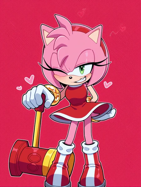 <lora:On-model_Sonic_Characters:1> Amy rose, one eye closed, toy hammer, piko piko hammer, holding, naughty face,, masterpiece, best quality, amazing quality, very aesthetic, absurdres, new, newest,