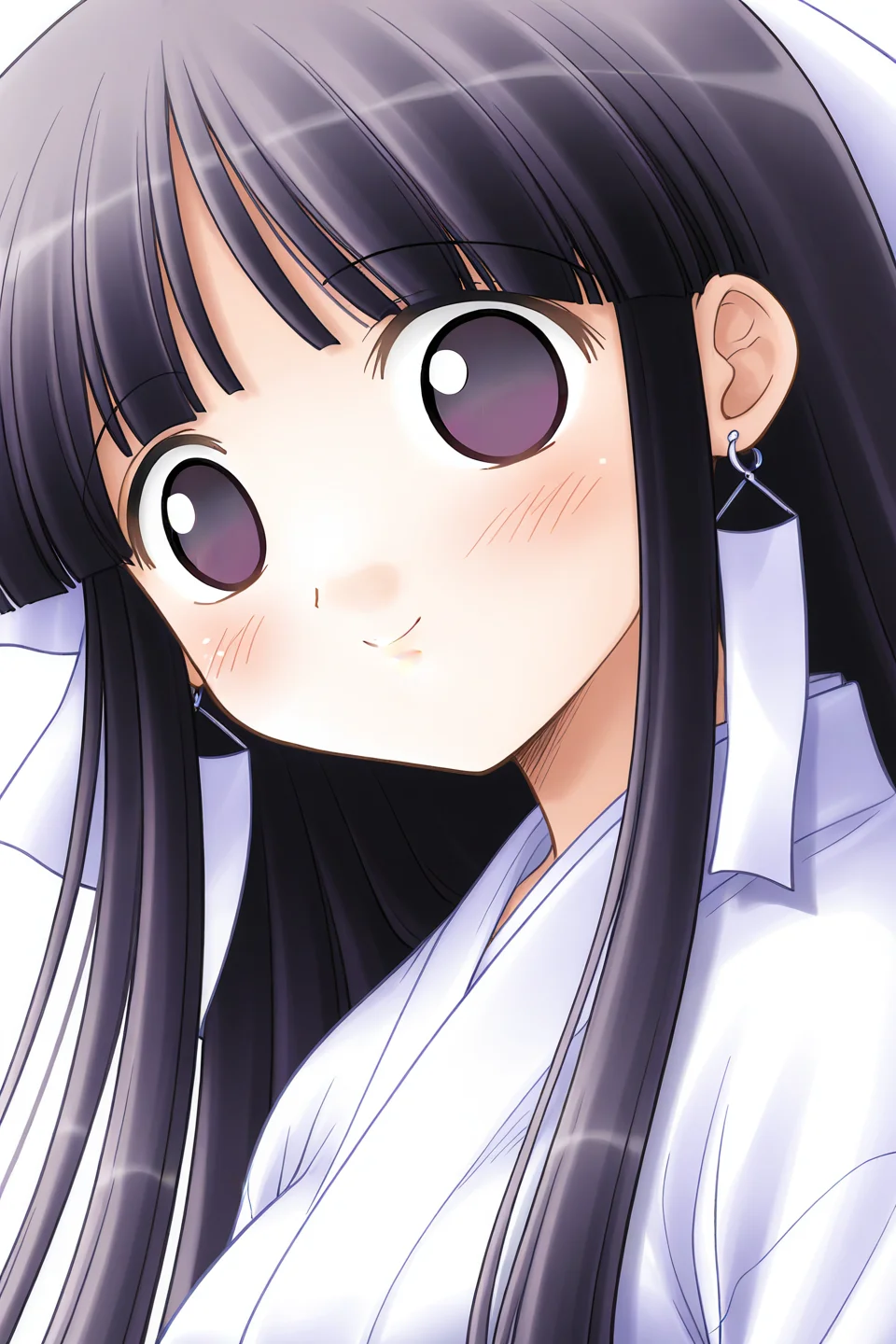 masterpiece, best quality, absurdres, official art, official style, general BREAK <lora:arisakamatsuri_IL_v1-2:0.7>, arisaka matsuri, 1girl, solo, purple eyes, black hair, purple hair, very long hair, blunt bangs, hime cut, sidelocks, hair ribbon, white ribbon, medium breasts, large breasts, earrings, miko, white kimono, long sleeves, wide sleeves, upper body, portrait, close-up,
blush, cheerful, closed mouth, looking at viewer, no pupils, smile