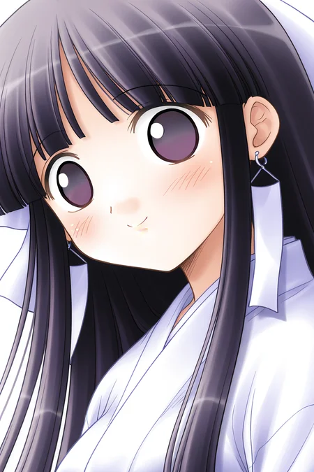 masterpiece, best quality, absurdres, official art, official style, general BREAK <lora:arisakamatsuri_IL_v1-2:0.7>, arisaka matsuri, 1girl, solo, purple eyes, black hair, purple hair, very long hair, blunt bangs, hime cut, sidelocks, hair ribbon, white ribbon, medium breasts, large breasts, earrings, miko, white kimono, long sleeves, wide sleeves, upper body, portrait, close-up,
blush, cheerful, closed mouth, looking at viewer, no pupils, smile