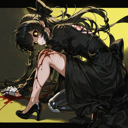 score_9, score_8_up, score_7_up, score_6_up, score_5_up, score_4_up, mascaraTears, mdcyn, black hair bow, black sclera, colored sclera, yellow eyes, short black hair, braids, black dress, black high heels, mechanical hands, stitches, injury, scars, + +, injury, scars, blood, black tears, single mechanical leg, <lora:Cyn:1>
