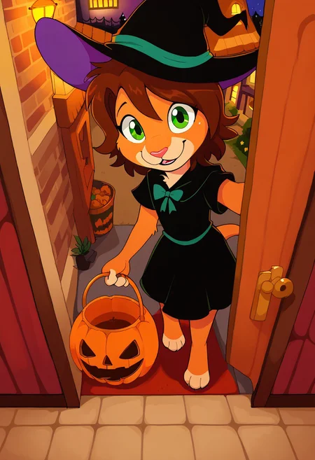 score_9, score_8_up, score_7_up, score_6_up, best quality, masterpiece, good_hands,
Detailed background, at open doorway, neighborhood, town, night, dynamic angle, well lit, solo, high angle, halloween, pov,
(Keiko, brown hair, furry, green eyes, tail, body fur, short hair, bangs), black dress, witch hat, trick-or-treat, holding pumpkin bucket,