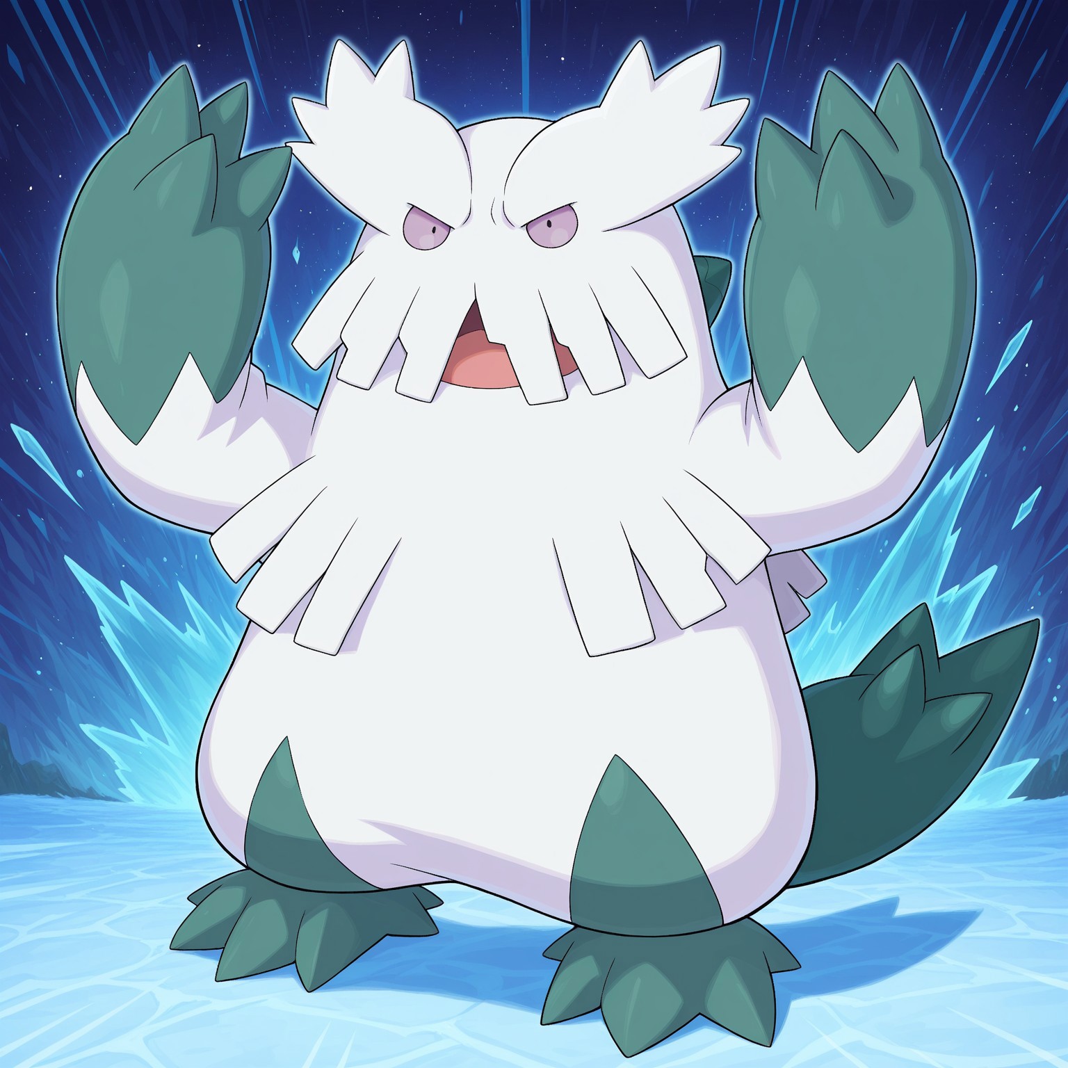 2d, solo, Pokemon (creature), Abomasnow, shaggy white fur, greenish fur, two tone fur, pale purple sclera, black pupils, fur over mouth, head tufts, spiky tail, 

BREAK standing, hands raised, looking at viewer, abstract background, open mouth

BREAK best quality, amazing quality, very aesthetic, absurdres, newest, masterpiece, high quality