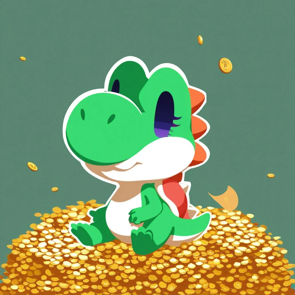 pppstyle, solo, score_9, score_8_up, score_7_up, chibi, yoshi, mario_series, green body, sitting in pile of gold coins