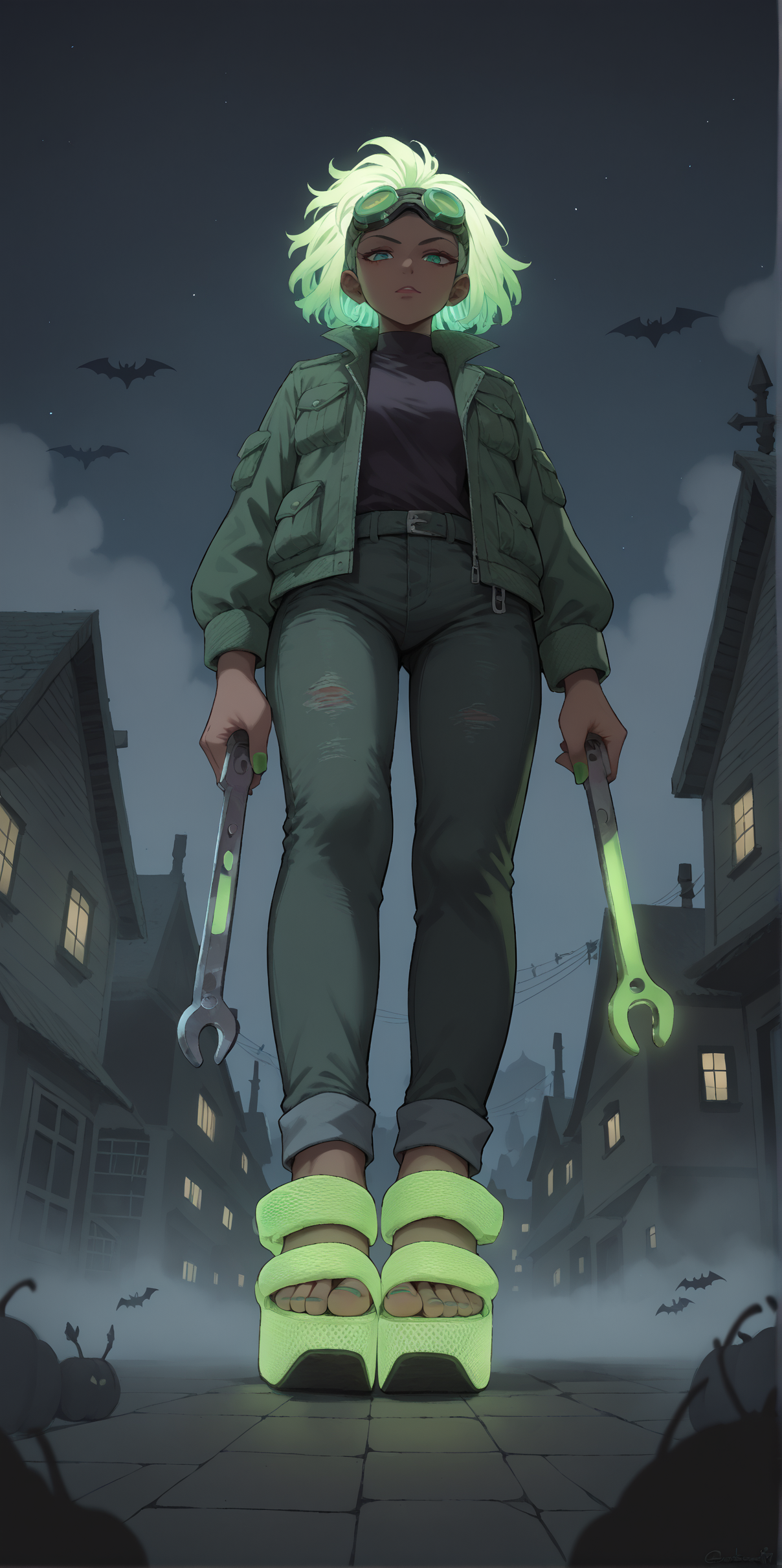 score_9, score_8_up, score_7_up, score_6_up, source_anime,
wide angle, standing, low angle, foot focus, 
standing,
holding a giant wrench as a weapon,
(glowing neon footwear:1.1),
(glowing neon hair:1.15),
1girl, leather pants, green short jacket, black and green hair, dreadlocks, 
goggles, glowing green goggles,
ï»¿(ï»¿m3sh heels), platform footwear,
halloween scene, fog, haunted house, night,
green toenail polish,
embedding:zPDXLrl ,
embedding:zPDXL2 ,