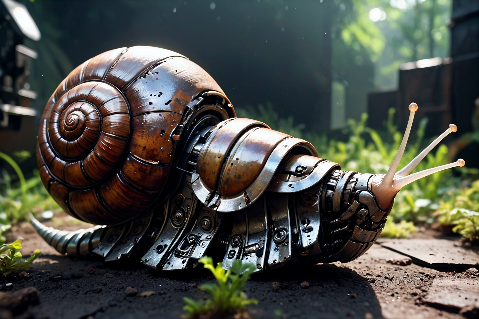 action shot,  cybernetic snail, robotic cyborg gastropod,( unusual shapes:1.3), cracked steel shell, black-and-white_ paint flaking off dirty armor plates, rust specks, BREAK dynamic pose garden tending, subsurface scattering, highly detailed damage and technological detail, photorealism, hyper realistic, shot on 65mm,  subsurface scattering, Photorealistic, Hyperrealistic, analog style, realistic, film photography, soft lighting, heavy shadow, light depth, dramatic atmospheric lighting, Volumetric Lighting, highly detailed