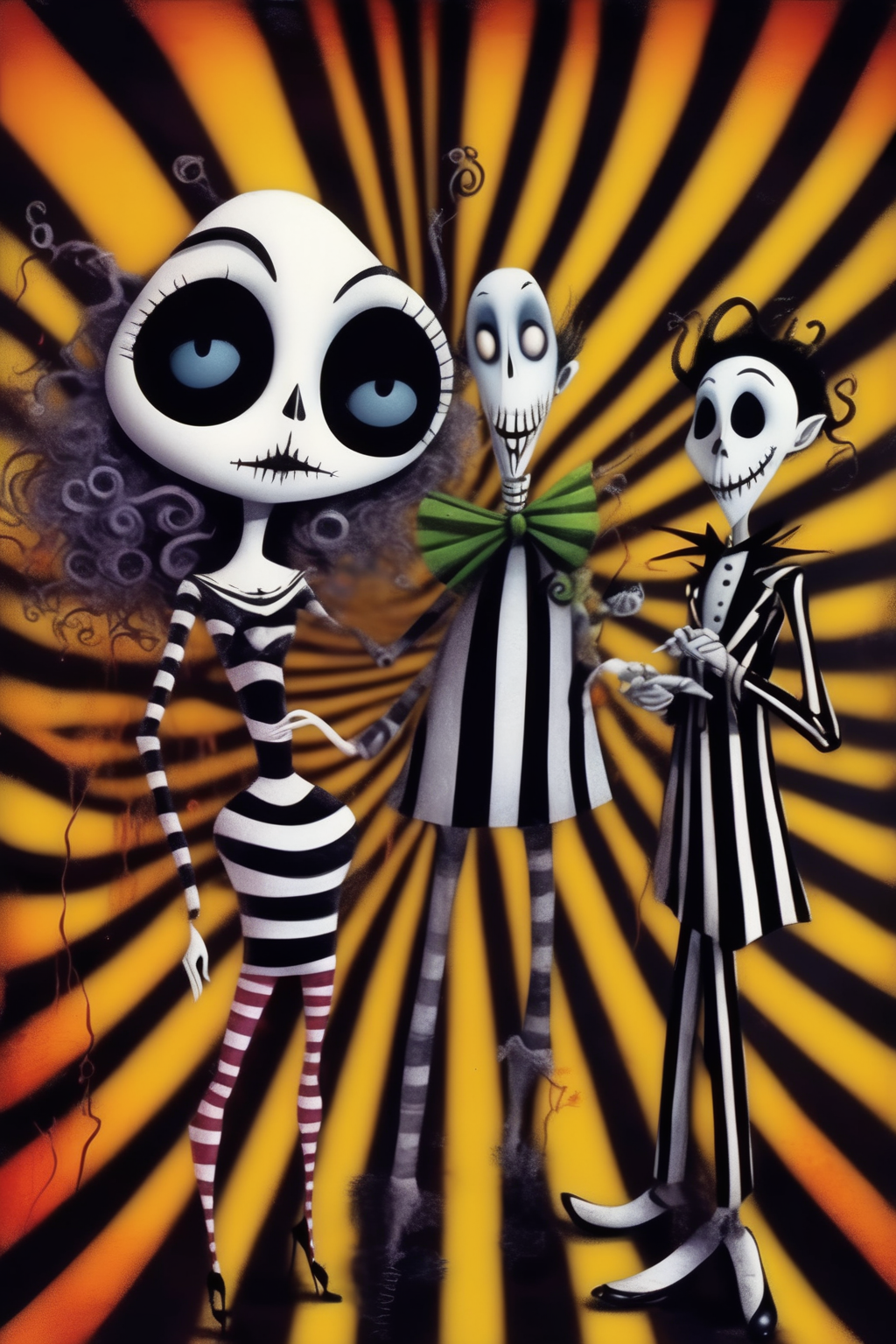 <lora:Director Tim Burton style:1>Director Tim Burton style - two cartoon characters with the phrase beetle juice, in the style of spectacular backdrops, ps1 graphics, don bluth, bold colors, marks, arabesque scroll, playful use of line, inspired by