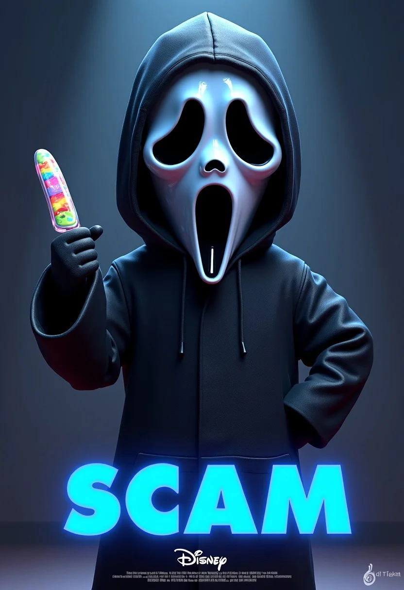 egpixar, cute, 3d Pixar cartoon, humorous Pixar-like style, a digital poster in a dark, shadowy setting, it features a close-up of Ghostface, (/scream/, Scary Movie Parody), wearing a colorfull outfit, humorous, joyfull, silly face. holding one colorfull candy knife
The title of the movie "Scam" is written in large, bold blue letters prominently displayed at the bottom
The logo Disney is write with credits below on the poster, <lora:ghostfacePDXL:1> ghostfacev2SDXL, solo, gloves, 1boy, hood, mask, robe, black robe, hooded robe