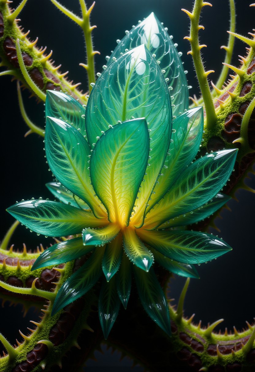 Colors burst with vivid life and shades of green.  Bands of white light dash across the canvas. High saturation and contrast. sharp lines come into focus. Droplets of rain accumulate on leaves. Leaves appear as shattered glass. Electric snails crawl on the surface of a mysterious plant. The plant is made of glass. A mysterious ecosystem made of crystalline glass. Vines, spores and bark.