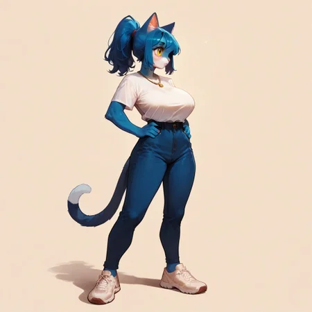 safe_pos, Audr3yC4t, anthro cat, score_9, score_8_up, score_7_up, score_6_up, full body, profile, solo, blue fur, blue skin, blue ponytail, cat nose, cat ears, large breasts, miniskirt, blouse, necklace, chest fur, ear fur, standing, posing, simple background, hands on hip, yellow eyes, big eyes,