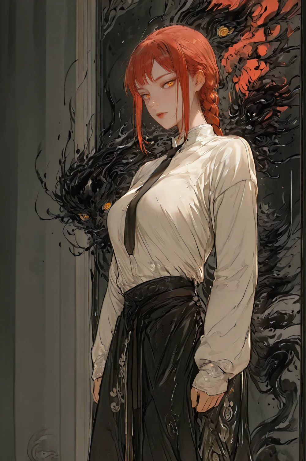 <lora:ZenInk:1>,ink style,hanfu,chinese clothes,
makima_\(chainsaw_man\), 1girl, solo, breasts, looking_at_viewer, shirt, yellow_eyes, braid, red_hair, necktie, pants, black_pants, braided_ponytail, ringed_eyes
