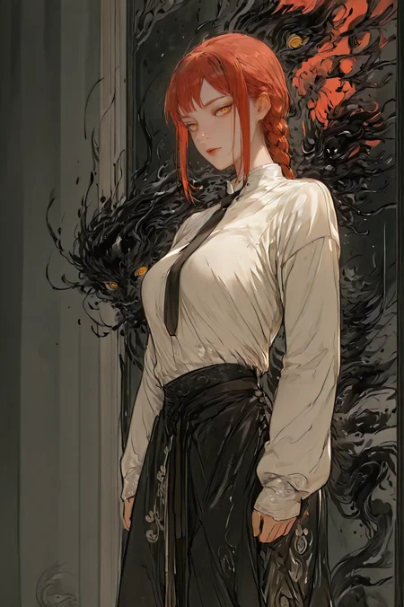 <lora:ZenInk:1>,ink style,hanfu,chinese clothes,
makima_\(chainsaw_man\), 1girl, solo, breasts, looking_at_viewer, shirt, yellow_eyes, braid, red_hair, necktie, pants, black_pants, braided_ponytail, ringed_eyes