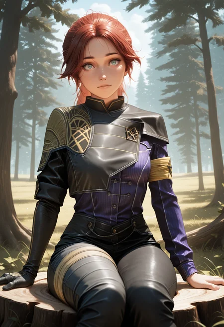 masterpiece, best quality, amazing quality, 1girl, <lora:maelle_illustrious:1>, ma3ll3,
asymmetrical shirt, gloves, black pants, armband,
campire, sitting, tree stump,