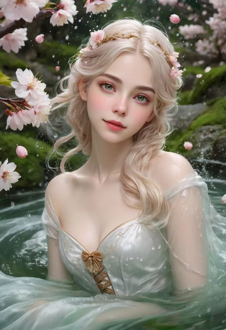 A water nymph swiming in pond surrounded by cherry blossoms and rain, She has a delicate, ethereal and regal appearance , with flowing, translucent silver blonde hair that seems to be made of water and glowing. Her skin is pale and glows softly, almost as if lit from within. She wears a flowing, regal gown that blends seamlessly with the surrounding water, billowing and swirling around her. Her eyes are a intense golden brown, filled with a sense of curiosity and serenity. She has a mischievous smile. She is surrounded by a gentle, swirling water and cherry petels . cherry flower patels are floating in water. in the style of lush scenery,fairycore,cute and dreamy,pink and green,