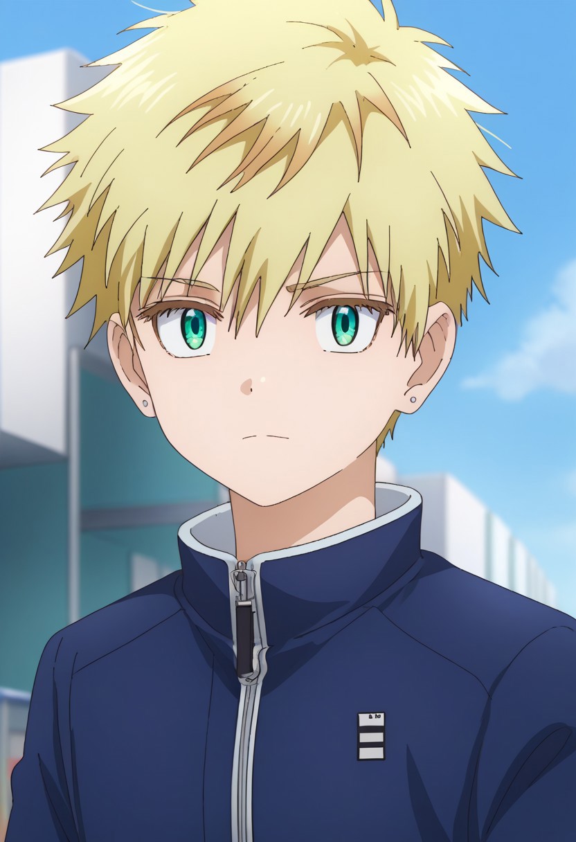score_9, score_7_up, source_anime
RiohSonidori, 1boy, male focus, solo, green eyes, blonde hair, jewelry, earrings, jacket, blue jacket, zipper, upper body, looking at viewer,
outdoor, sky