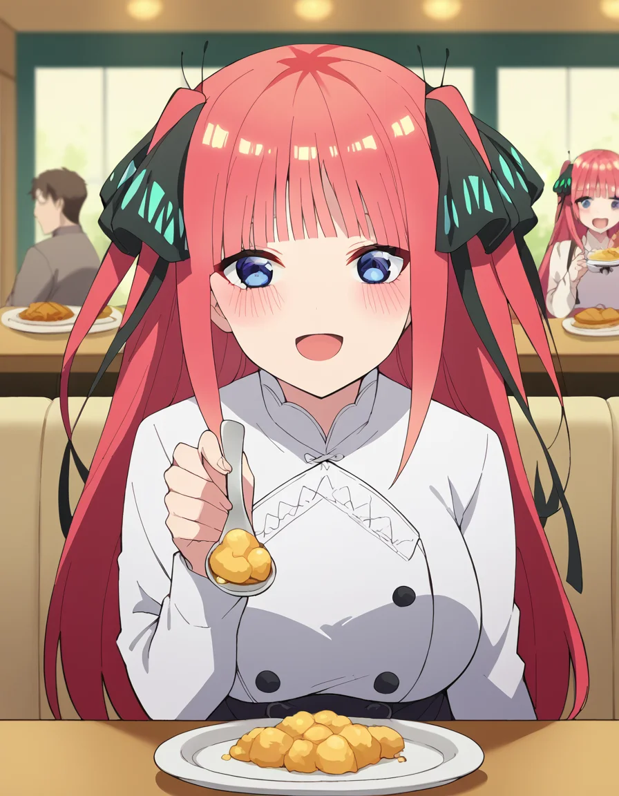 score_9, score_8_up, score_7_up, source_anime, <lora:nnakano-s2-ponyxl-lora-nochekaiser:1>, long hair, bangs, blue eyes, hair ornament, hair ribbon, pink hair, blunt bangs, two side up, butterfly hair ornament, large breasts,, <lora:incoming-spoon-ponyxl-lora-nochekaiser:1> incoming food, spoon, holding, holding spoon, food, looking at viewer, open mouth, blush, smile, restaurant, plate, hand up,, ,