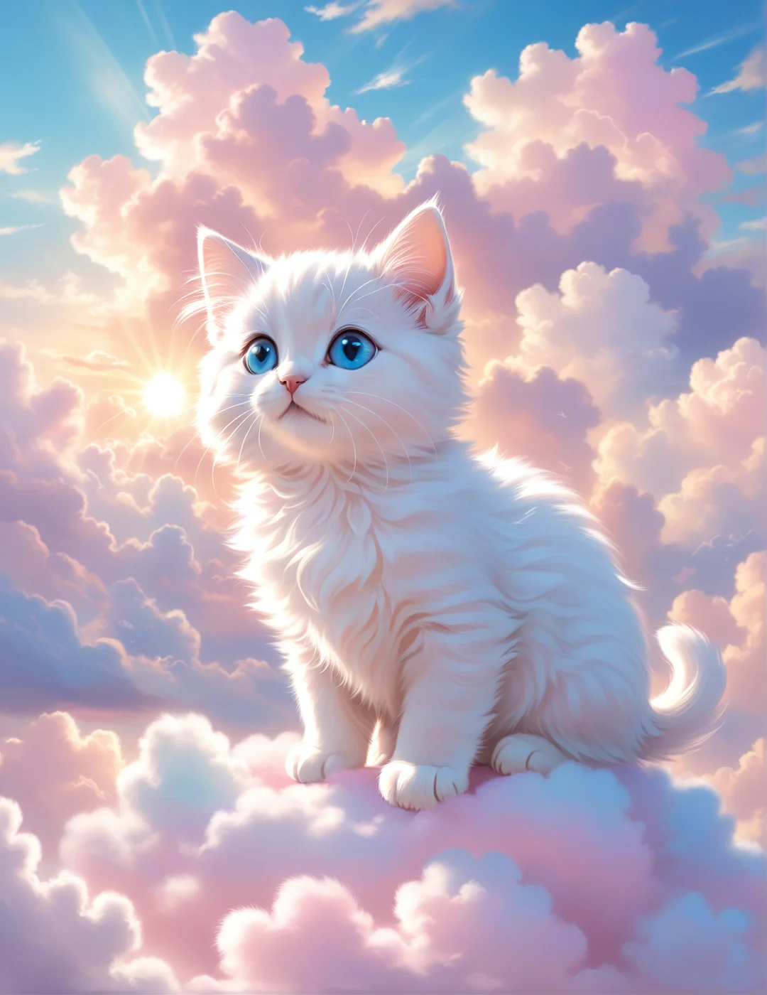 cloud art, cute animals made from clouds, fluffy kittens, playful puppies, soft lighting, pastel colors, whimsical, dreamy sky, detailed, high contrast, hyper-realistic, serene atmosphere, imaginative, gentle, warm sunlight, high-definition