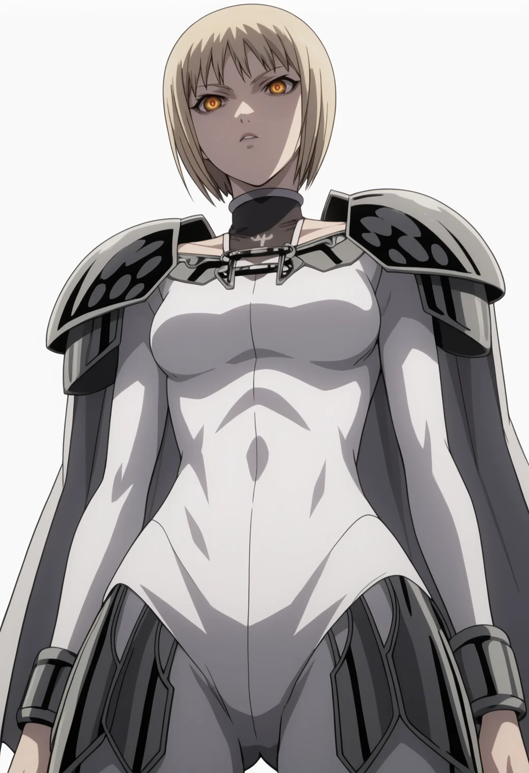 score_9, score_8_up, score_7_up, source_anime, BREAK , 1girl, solo,,  white background, cowboy shot, <lora:DX888Clare:1>clare, bodysuit, cape, pauldrons,   grey eyes, medium breasts, ,dynamic pose,  anime screencap,  from below,
