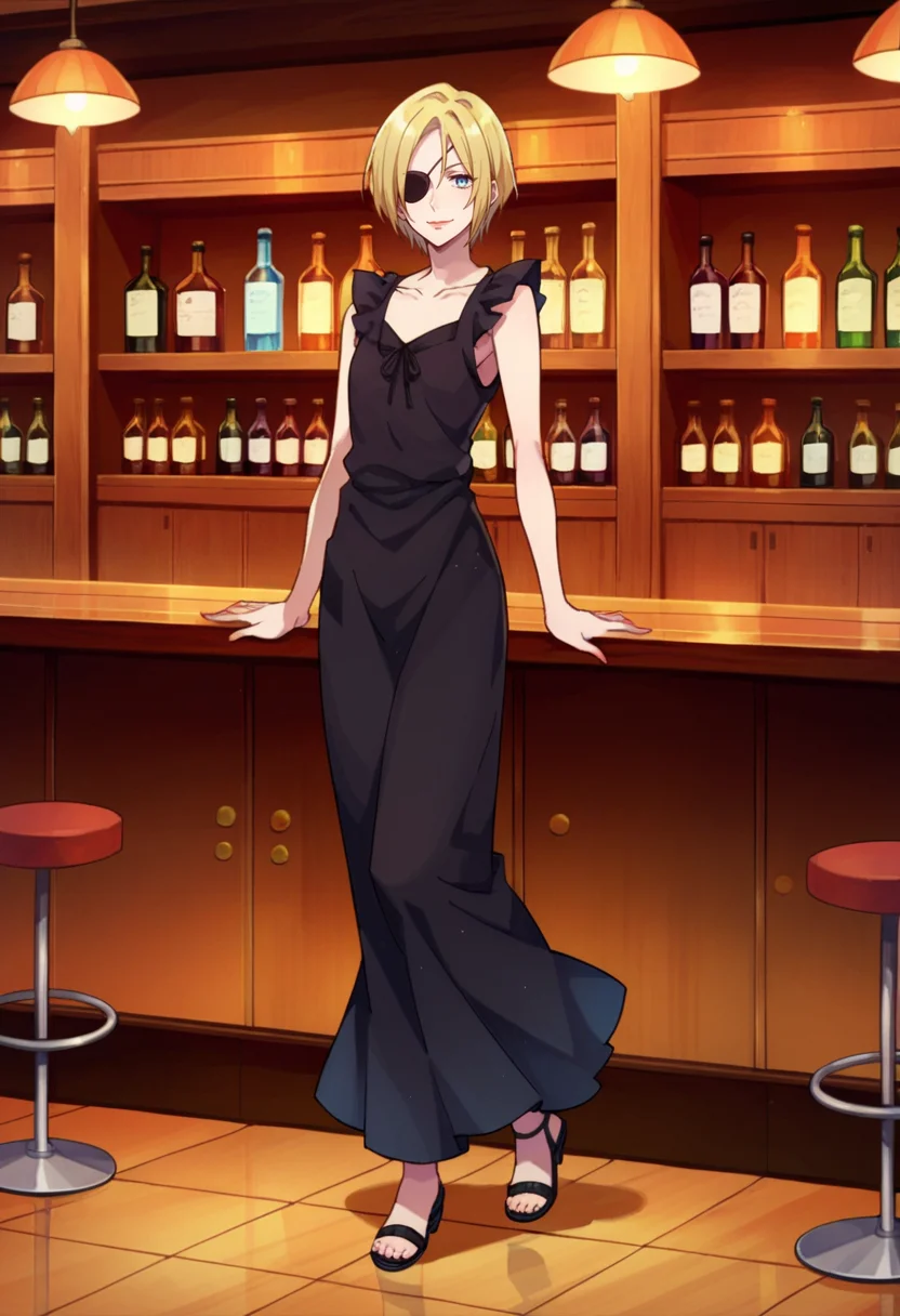 score_9,score_8_up,score_7_up,score_6_up,score_5_up,score_4_up,anime coloring,source_anime,<lora:K.K._Kekkai_Sensen_Pony:0.8>,kk,1girl,blue eyes,blonde hair,short hair,eyepatch,lipstick,black dress,sandals,smile,bar,