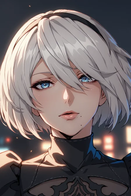 <lora:2typeBpony20:1>,
score_9,score_8_up,score_7_up,score_6_up,score_5_up,score_4_up,
2typeB,nier automata,nier \(series\),nier,yorha no. 2 type b,mole under mouth,
1girl,2d,source_anime,anime,blue eyes,looking at viewer,aroused,upper body,seductive,
dim lighting,evening,simple background,cowboy_shot,the city at night,urban background,cyberpunk,(glowing:1.2),neone,