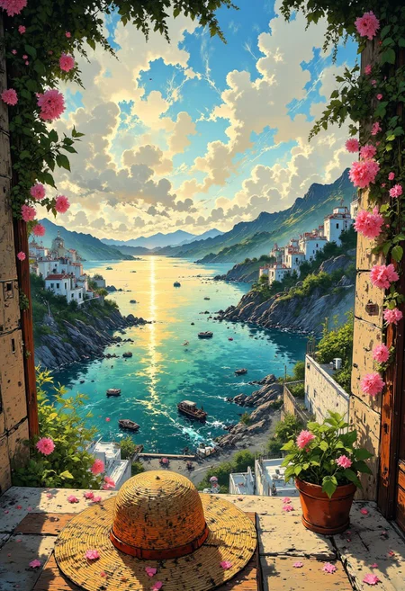 Midday in a Greek Island Village
The whitewashed terraces of a Greek island village gleam under the relentless midday sun. A woven sun hat, long abandoned, rests on a stone ledge, its brim fluttering in the warm breeze. The deep blue Aegean Sea stretches endlessly below, shimmering beneath the bright sky. Pink bougainvillea cascades down sun-bleached walls, their petals drifting lazily across empty streets. A wooden door stands ajar, revealing only shadows within. The scent of salt and jasmine fills the air, but the village remains utterly still, as if waiting. The scene is bathed in warm golden and orange hues, with soft light reflecting off the rippling water. The foreground features grand buildings with ornate domes and towers, surrounded by lush greenery. A bustling waterfront with small boats and bridges connects various districts, filled with people dressed in elegant attire. The background displays rolling hills and distant mountains under a sky dotted with fluffy clouds. The overall aesthetic combines a painterly impressionism with hyperrealist details, evoking a sense of wonder and vibrant life.