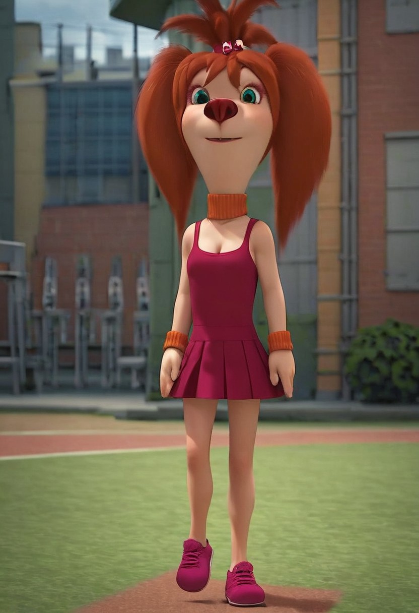score_9, score_8_up, score_7_up, score_6_up, 1girl, solo,  skinny, Liza_Barboskina, dog anthro, female, small boobs, sport dress, long legs, no pants, beautiful legs, dog feet, no boots, cleavage, full body view, looking at viewer, seductive look, (russian city street background:1,4), sexy pose, neck, standing, 3/4 side view, close view,