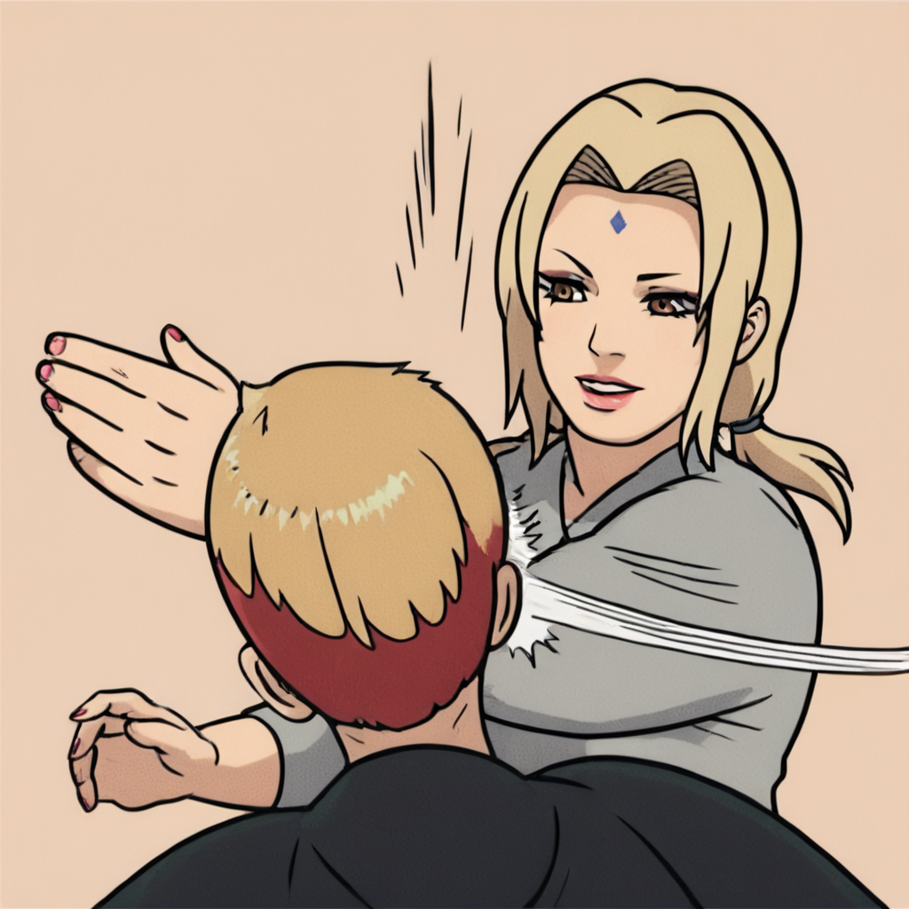 score_9, score_8_up, score_7_up, score_6_up, score_5_up, score_4_up,   <lora:tsunade-s2-ponyxl-lora-nochekaiser:1> , tsunade, blonde hair, yellow hair, facial mark, forehead mark, long hair, makeup, mature female, brown eyes, parted bangs, twintails, low twintails, large breasts,  <lora:batman_slap:1>, 2girl, slapping, slapping motion, motion lines, masterpiece, highres