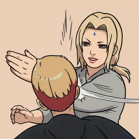 score_9, score_8_up, score_7_up, score_6_up, score_5_up, score_4_up, <lora:tsunade-s2-ponyxl-lora-nochekaiser:1> , tsunade, blonde hair, yellow hair, facial mark, forehead mark, long hair, makeup, mature female, brown eyes, parted bangs, twintails, low twintails, large breasts, <lora:batman_slap:1>, 2girl, slapping, slapping motion, motion lines, masterpiece, highres