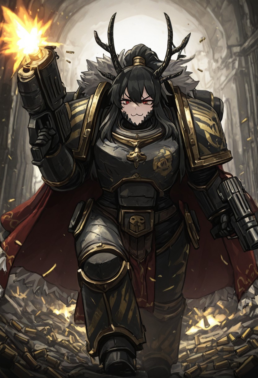 masterpiece, best quality,high quality, newest, highres,8K,HDR,absurdres, dynamic angle, realistic, april fools,
1girl, IronW40k, power armor, 
XiaoLOR, long hair, black hair, ponytail, red eyes, determined eyes, :3, XiaoEGO, two black dragon horns on one side of the head, scales, black scales,
holding bolter, shooting, muzzle flash, flying bullet casings,  <lora:ILLIronW40k:1>