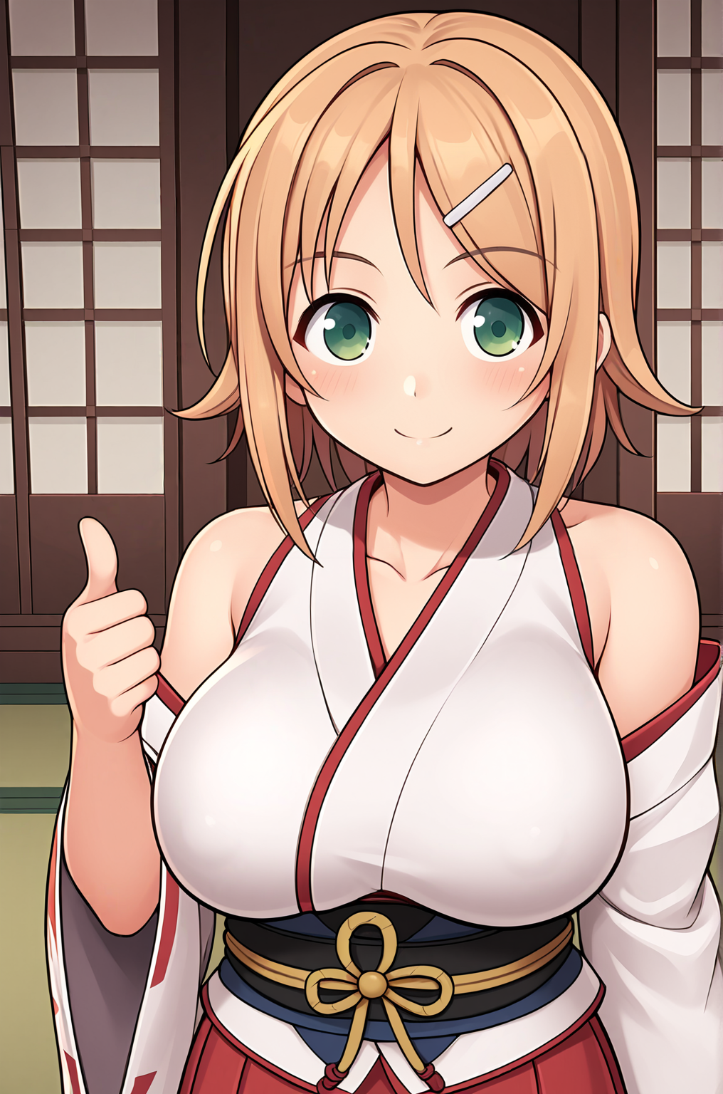 anime artwork, score_9, score_8_up, score_7_up, source_anime, BREAK, thick outline, fat outline,
Hanabi_XL, green eyes, short blonde hair, hairclip, large breasts, BREAK, Hanabi_Shrine, shrine clothes, japanese clothes, miko clothes, white kimono up, bare shoulders, sleeveless, obi, sash, hakama skirt, red skirt, BREAK, upper body, reflection, thumbs up, closeup,
<lora:Hanabi_XL:0.7>
<lora:PersonalAmi_PonyXL:0.5>