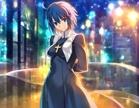 <lora:pony_xl_ciel_v2>,ciel,best quality,masterpiece,super fine illustration,1girl,solo,looking at viewer,nun,dress,long sleeves,cross necklace,standing,arms_behind_back,night,city,street,lamppost,smile,cowboy_shot,