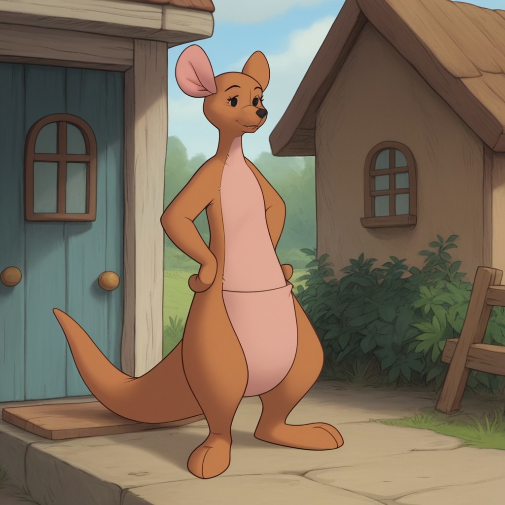 score_9, score_8_up, score_7_up, score_6_up, score_5_up, score_4_up source_furry, WtPKangav2, semi-anthro, female, kangaroo, brown fur, black eyes, standing, outside, house, porch, hands on hips