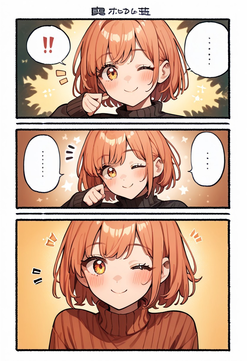score_9, score_8_up, score_7_up, source_anime, hi res, masterpiece, best quality, highres, AGGA_PSC, comic, 4koma, 1girl, sleeves past wrists, blush, short hair, one eye closed, smile, notice lines, sweater, long sleeves, bangs