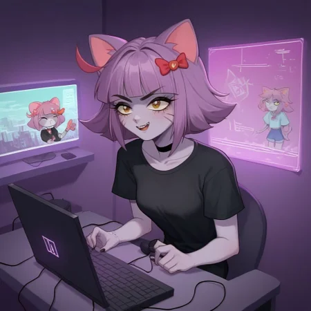 score_9, score_8_up, score_7_up, masunya, masyunya (vkontakte), masyunya /(vkontakte/), cat ears, ((purple skin color)), hair bow, (purple hair color:1.1), nyanma, cat girl, furry, wires, computer, cyborg, implants, dark room filled with electronic equipment, electronic equipment, retrofuturism <lora:Cyberpunk _Anime_sdxl:1>