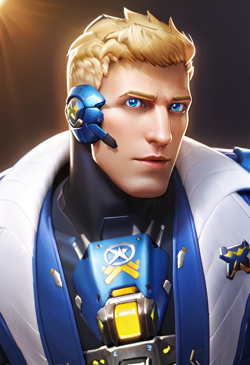 score_9, score_8_up, score_7_up, score_6_up, 8k, highest quality, high detail, masterpiece, perfection style, perfection, perfect, best quality, beautiful lighting, perfecteyes, (highest quality), (best shadow), intricate details, ultra-detailed face, detailed eyes, perfect face, detailed eyes, (masculine, 1male, jackm mature male, blonde hair, short hair, sideburns, blue eyes, muscular), bara, armor, strike commander morrison, scouter
