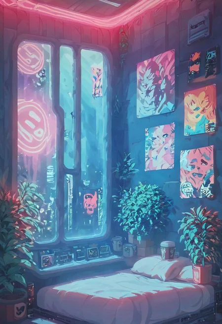 score_9,score_8_up,score_7_up,score_6_up, 
steaming coffee cup on windowsill, plants on the windowsill, wall of plants, monstera plant, large plant, tidy bedrrom, small room, cramped bedroom, teddies on the bed, cyberpunk city view out of the window, neon light, purple neon lights, posters, posters on the wall, anime posters, lewd posters, neon posters