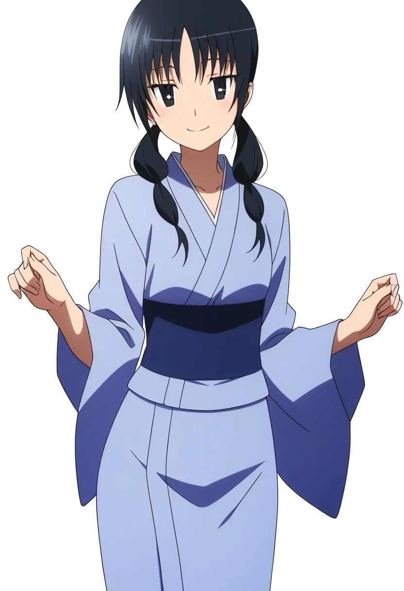 masterpiece, best quality, absurdres, detailed skin, detailed eyes, detailed face, anime colored, anime screencap, anime colored,
<lora:Uomi_Chihiro:1>, 1 girl, uomi, black eyes, smile, looking at viewer,
light blue kimono, cowboy shot,
((white background)),