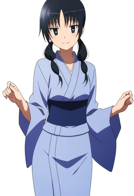 masterpiece, best quality, absurdres, detailed skin, detailed eyes, detailed face, anime colored, anime screencap, anime colored,
<lora:Uomi_Chihiro:1>, 1 girl, uomi, black eyes, smile, looking at viewer, 
light blue kimono, cowboy shot, 
((white background)),