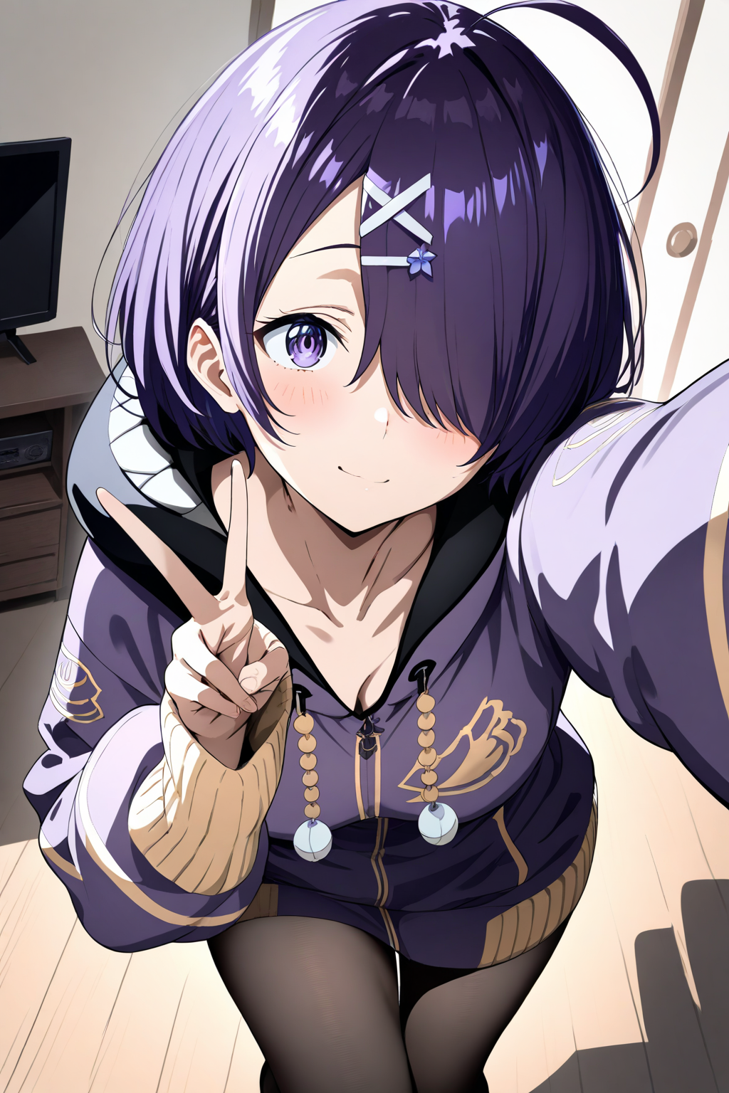 1girl, solo, dutch angle,
kiso azuki, kiso azuki 2nd costume,
short hair, purple hair, hair over one eye, ahoge,
hair ornament,
purple eyes, looking at object,
hoodie, hood down,
long sleeves, sleeves past wrists, v, selfie, holding phone,
black pantyhose,
living room, television,
<lora:kp_KisoAzukiAnimagineXL_v1:1.0>
masterpiece, high score, great score, absurdres,
ultra-detailed, anime style, soft lighting, high resolution,