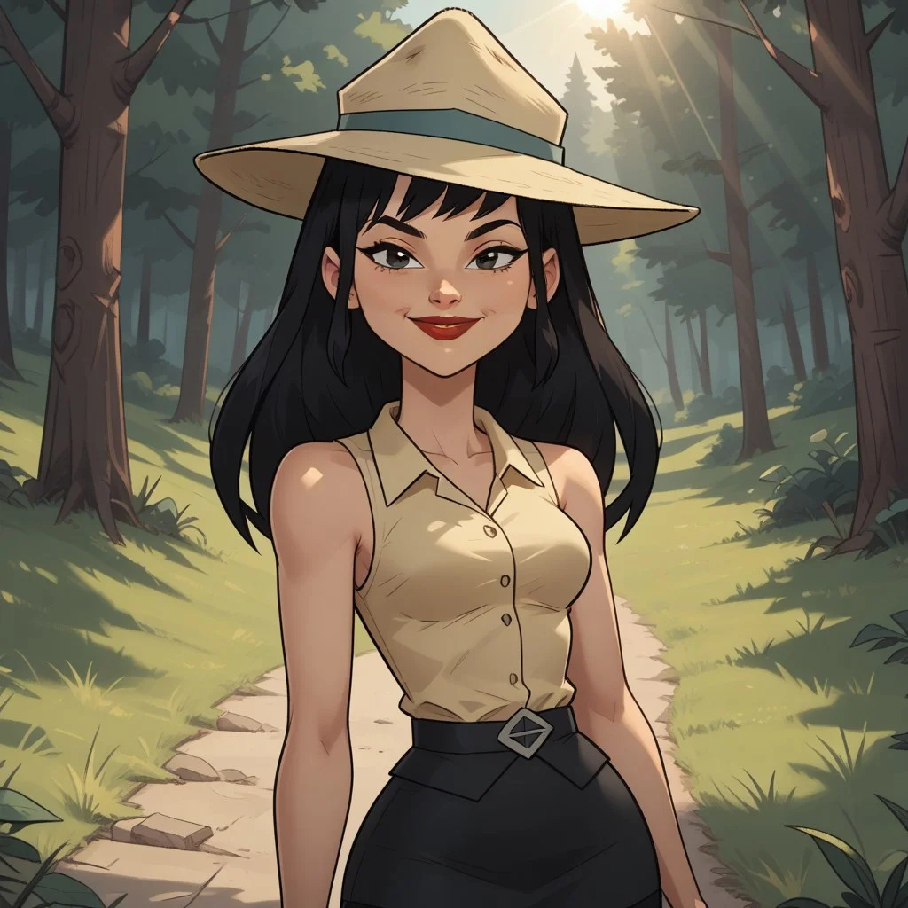 score_9, score_8, BREAK, solo, black hair, fedora hat, sleeveless shirt, black skirt, leggings, sneakers, red lips, lipstick, breasts, total drama, Sky_sister_(Total_Drama), cute, sexy pose, self portrait, smile, looking at viewer, outdoors, sunlight, shadows, evening lighting, natural lighting, forest, trees, grass, orange sky, sunset