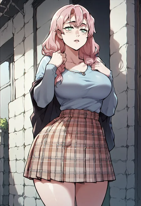 score_9, score_8_up, score_7_up, score_6_up, score_5_up, <lora:soeunXLP:1> kanroji-mitsuri, 1girl, plaid skirt