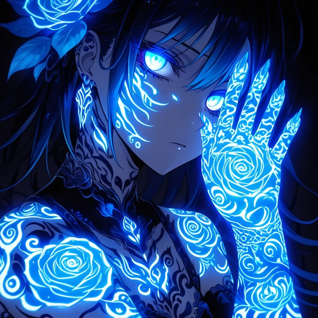 A close-up of an Floral rose anime character with glowing blue Floral rose tattoos covering their hand, the tattoos emit a mystical and ethereal glow. The character has piercing eyes that match the neon blue glow, with soft, shadowy lighting around their face. Their hair is sleek, and their expression is mysterious and intense. The overall mood is dark and dreamlike, with high-contrast lighting, focusing on the intricate details of the glowing tattoos. The setting is minimalistic, emphasizing the character's supernatural aura. Artgerm, cloisonnism