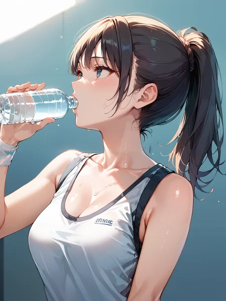 score_9, score_8_up, score_7_up,source_anime, high res image,masterpiece,best quality,woman,middle breasts,cute face,clear skin,shiny hair,ultra detailed eyes,simple background, <lora:drinking_pony_V1.0:1> drinking, holding bottle,water bottle <lora:sweat_pony_V1.0:1> sweat,ponytail,looking at bottle