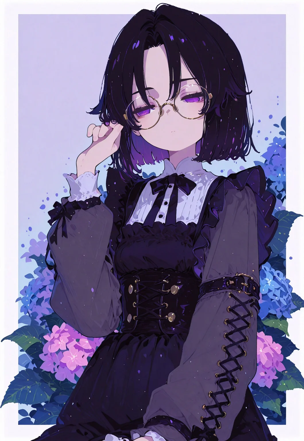 masterpiece, best quality, good quality, newest, highres, absurdres,
ai-default, yashajin ai,
purple eyes, black hair, bob cut,
victorian black maid dress, frilled skirt, large rimless
round glasses, half closed eyes, grey tights, dazed, emotionless,
1girl, solo, upper body, roses, hand up, looking to the side, leaf, pink flower, blue flower, background with thick white border,
hydrangea, laced sleeves, Ethereal Brushstroke, Flat vector illustration,