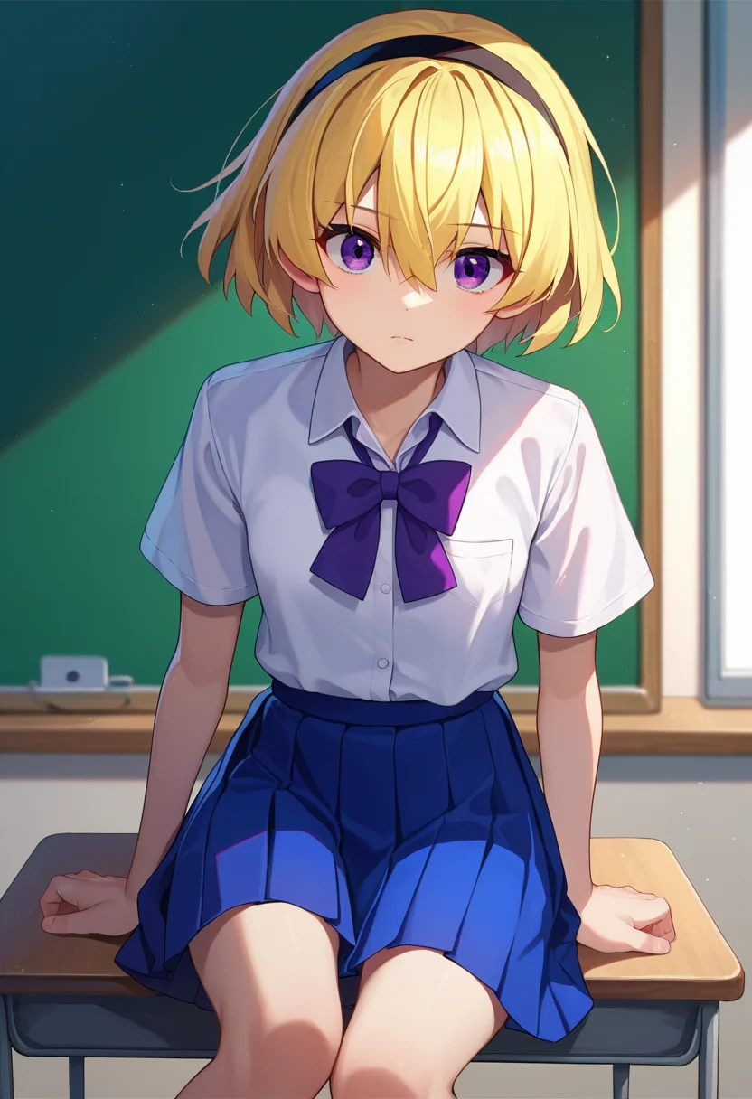 score_9, score_8_up, score_7_up, source_anime, <lora:Satoko Houjou Pony 5-000003:1>, houjou_satoko, 1girl, solo, blonde hair, hairband, skirt, black hairband, purple eyes, shirt, white shirt, school uniform, short hair, pleated skirt, short sleeves, bow, bangs, collared shirt, hair between eyes, small breasts