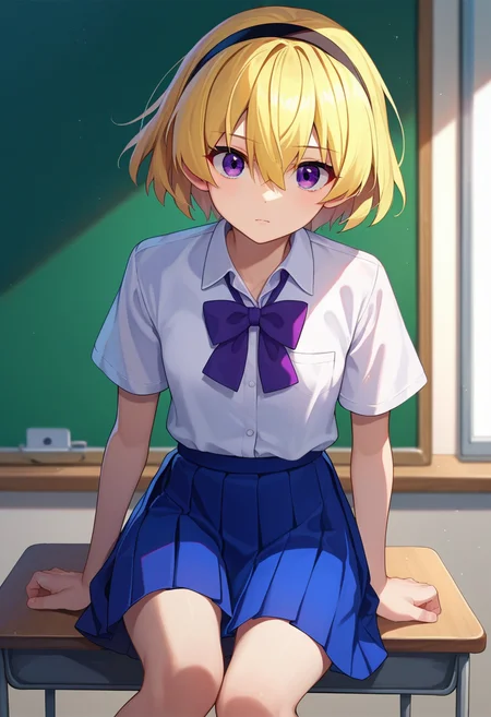 score_9, score_8_up, score_7_up, source_anime, <lora:Satoko Houjou Pony 5-000003:1>, houjou_satoko, 1girl, solo, blonde hair, hairband, skirt, black hairband, purple eyes, shirt, white shirt, school uniform, short hair, pleated skirt, short sleeves, bow, bangs, collared shirt, hair between eyes, small breasts