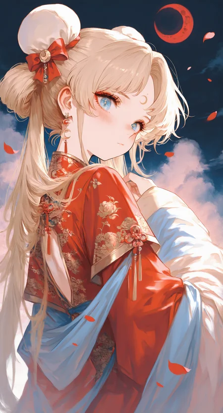 masterpiece, best quality, Good quality, very aesthetic, absurdres, newest,tsukino_usagi, 1girl, solo, long_hair, looking_at_viewer, blush, blue_eyes, blonde_hair, long_sleeves, bow, closed_mouth, jewelry, very_long_hair, twintails, earrings, cloud, wide_sleeves, hair_bun, from_side, parted_bangs, petals, double_bun, chinese_clothes, facial_mark, floral_print, moon, crescent, full_moon, forehead_mark, red_moon, crescent_earrings, crescent_facial_mark <lora:ponyv4_noob1_2_adamW-000017:0.7> <lora:USNR_STYLE_XL_lokr:1>