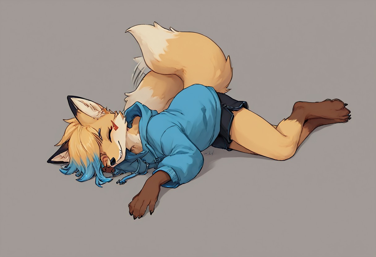 score_9, score_8_up, score_7_up, csr style, solo, depth of field, solo, male, masterpiece, best quality, absurdres, highly detailed, 
source_furry, looking at viewer, smile, paws, fox, sharp tooth grin, multicolored hair, hair tuft, blue tip dyed hair, eyes closed, squint, golden fur, mainly golden hair, hair tuft over one eye, blue eyebrows,
BREAK, foenix, black face markings, whisker marks, kitsune facial marks, brown hands, brown feet, yellow earfluff, cute, facial markings, black ears, blue tip dyed hair, blue eyebrows, closed eyes, squint,
BREAK, blush, smiling, happy, looking_at_viewer, score_7_up, score_8_up, score_9, by nomifuk, cute:1.2, tailwag, wink, grin, oversized cyan hoodie, dark hood,  black shorts, 
BREAK, masterpiece, best quality, highres, intricate details, 4k, stunning,  (fullbody, feet), beautiful lighting, soft lighting, Score_9_up, score_8_up, score_7_up, body pillow, body pillow cover, dakimakura