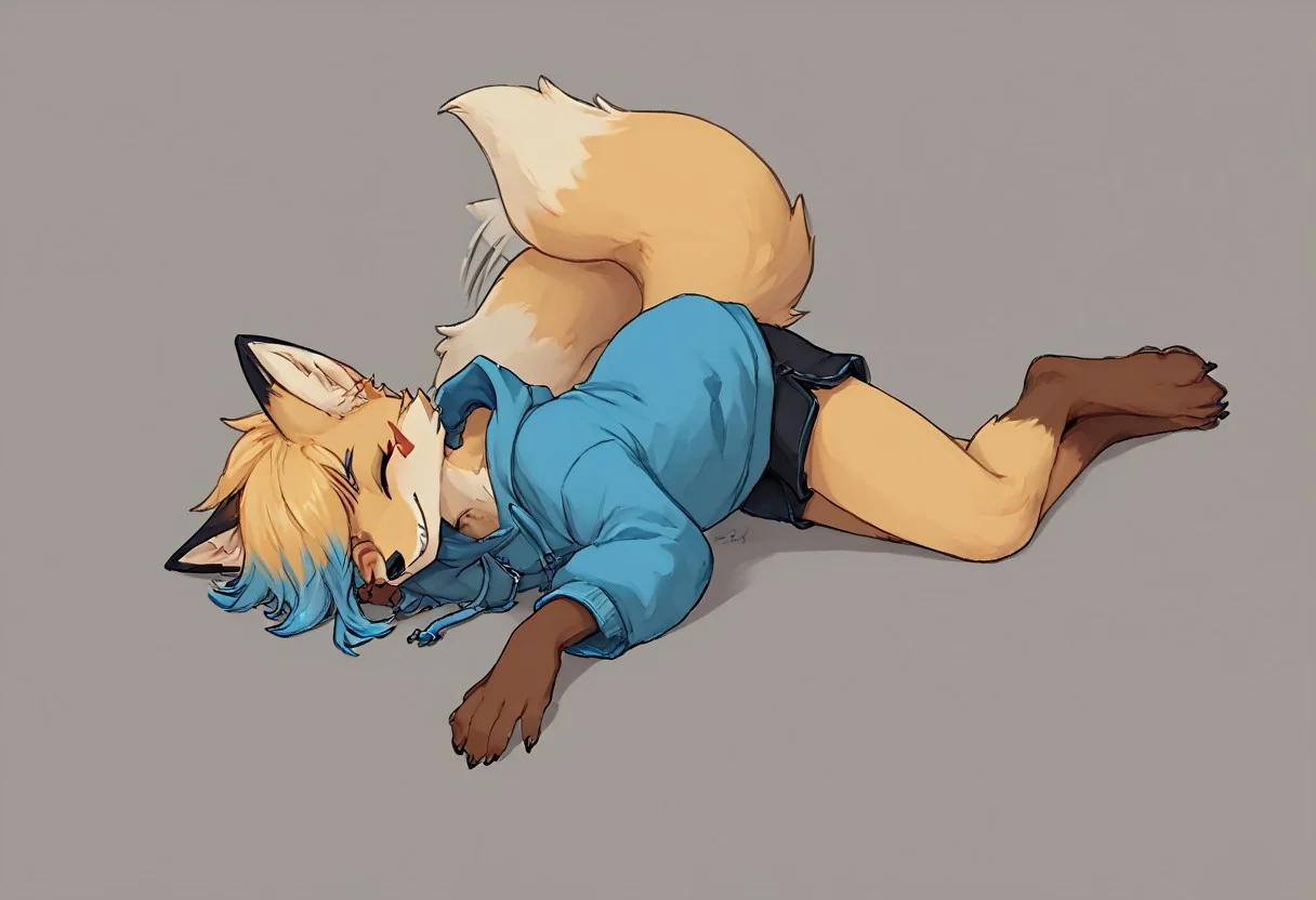 score_9, score_8_up, score_7_up, csr style, solo, depth of field, solo, male, masterpiece, best quality, absurdres, highly detailed,
source_furry, looking at viewer, smile, paws, fox, sharp tooth grin, multicolored hair, hair tuft, blue tip dyed hair, eyes closed, squint, golden fur, mainly golden hair, hair tuft over one eye, blue eyebrows,
BREAK, foenix, black face markings, whisker marks, kitsune facial marks, brown hands, brown feet, yellow earfluff, cute, facial markings, black ears, blue tip dyed hair, blue eyebrows, closed eyes, squint,
BREAK, blush, smiling, happy, looking_at_viewer, score_7_up, score_8_up, score_9, by nomifuk, cute:1.2, tailwag, wink, grin, oversized cyan hoodie, dark hood, black shorts,
BREAK, masterpiece, best quality, highres, intricate details, 4k, stunning, (fullbody, feet), beautiful lighting, soft lighting, Score_9_up, score_8_up, score_7_up, body pillow, body pillow cover, dakimakura