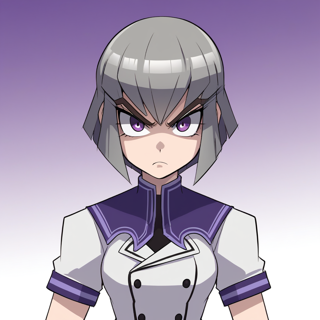 score_9_up, BREAK, Megatron, 1girl, solo, grey hair, short hair, purple eyes, thick eyebrows, school uniform, white shirt, skirt, black pantyhose, upper body, <lora:Megatron_RYUSEI-R_PXL_Leaf3:0.8>, gradient background, serious,
